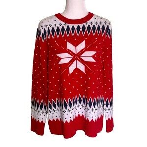 Charter Club Women's Red Fair Isle Snowflake Nordic Ski Lodge Cozy Sweater 2XL